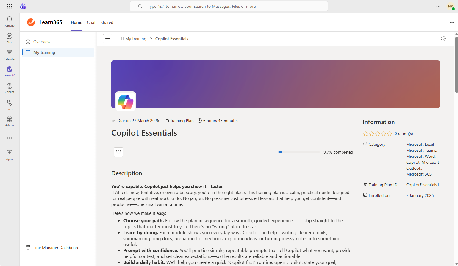 Learner view: Copilot training inside Microsoft Teams
